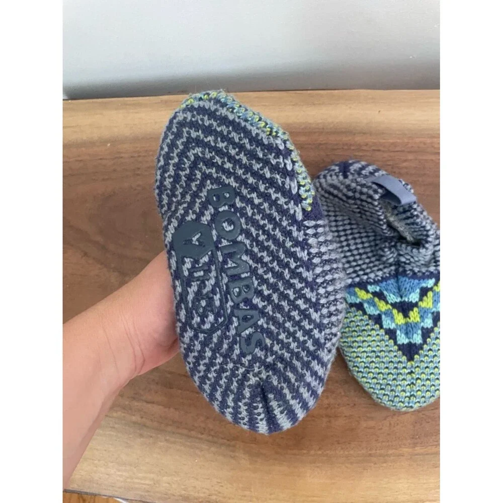 Bombas Gripper Slipper Lined YOUTH 11-13 Blue Green Merino Wool Blend